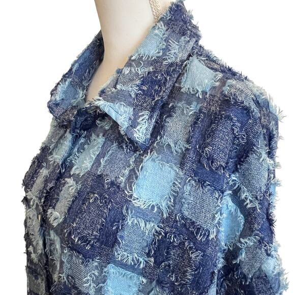 White Birch Jacket Crop Top Large Blue Patchwork Plaid Eyelash Button Up - Picture 5 of 10